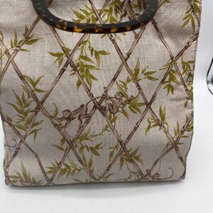 Talbots Monkeys Bamboo Print Linen Tote With Tortoise Lucite Handles